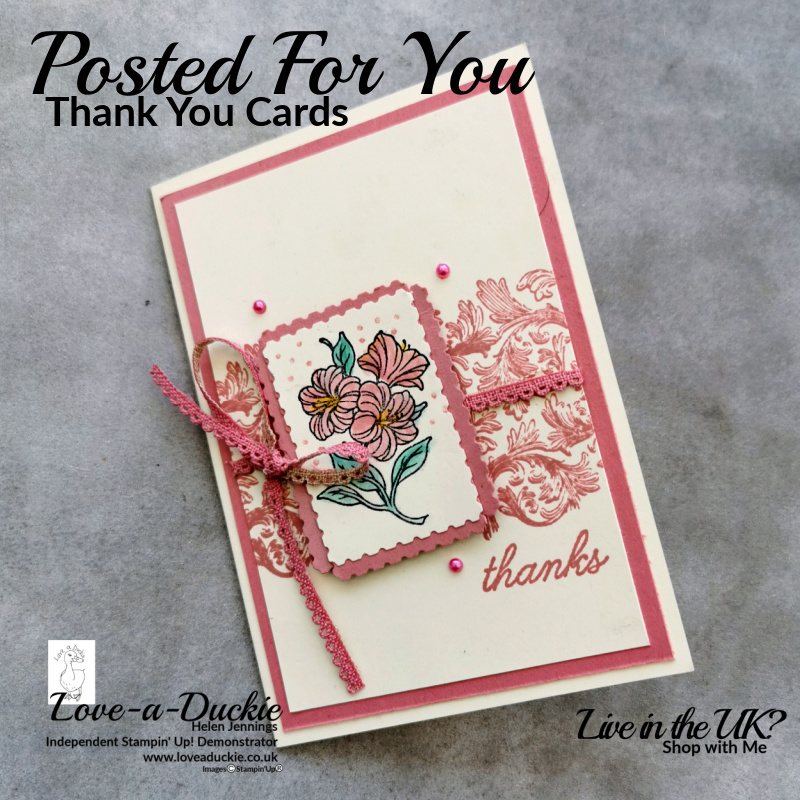 A Rococo Rose thank you card on a very vanilla note card. This quick and easy card uses the Posted For You stamp set as the focal point