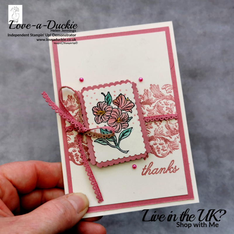 A thank you note card in Very Vanilla and Rococo Rose. The background is created with the Textured Essentials stamp set