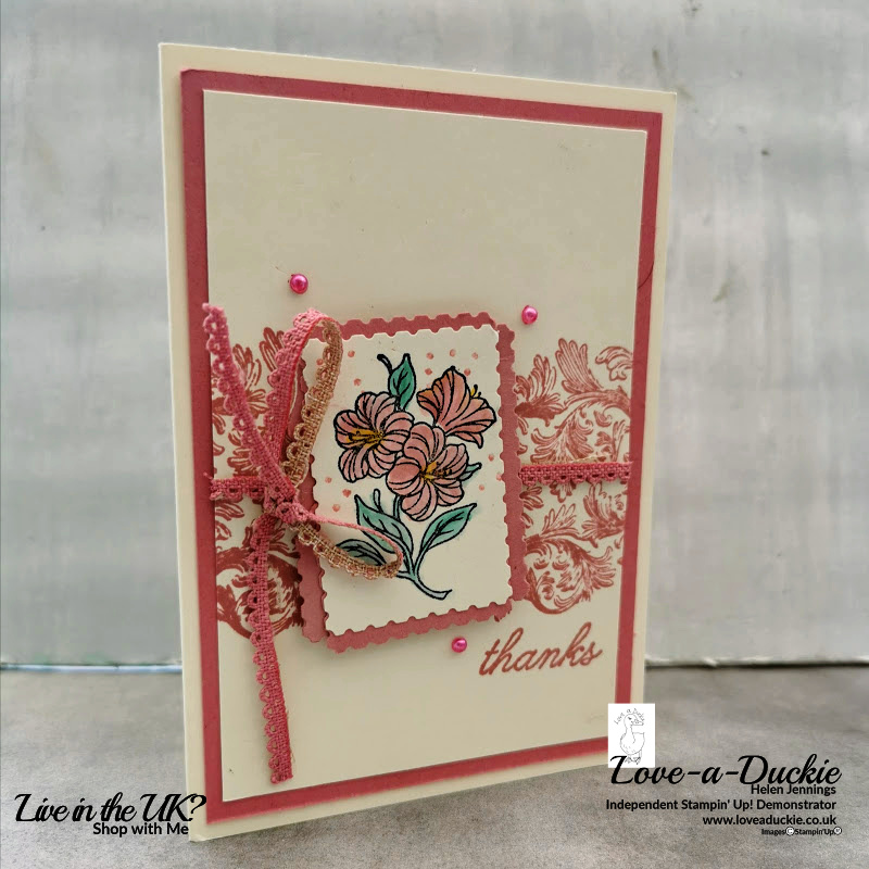 A Very Vanilla thank you note card using Rococo Rose ink, cardstock and elements.