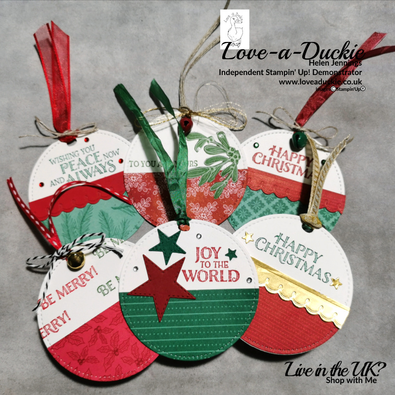 Round Christmas tags featuring Stampin Up's Tis the Season paper