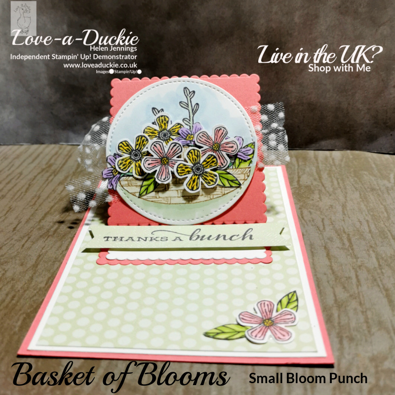 A fancy fold featuring a mini easel card decorated with the Basket in Bloom stamp set.