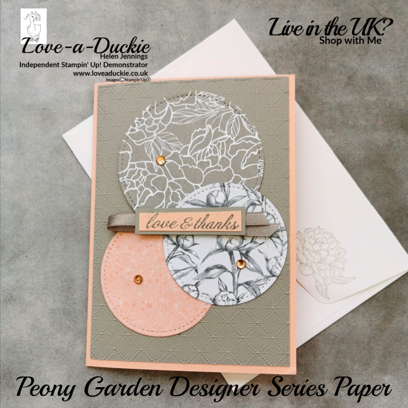 A thank you card featuring Stampin Up's peony Garden papers