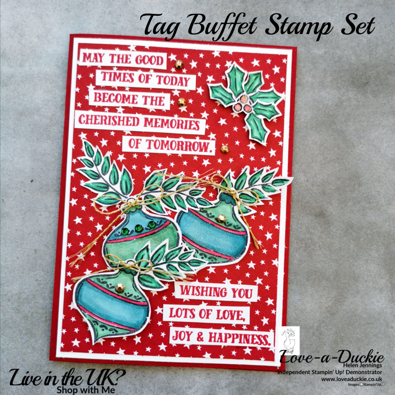 the Tag buffet stamp set from Stampin up was used with the Classic Christmas paper in this Christmas card.