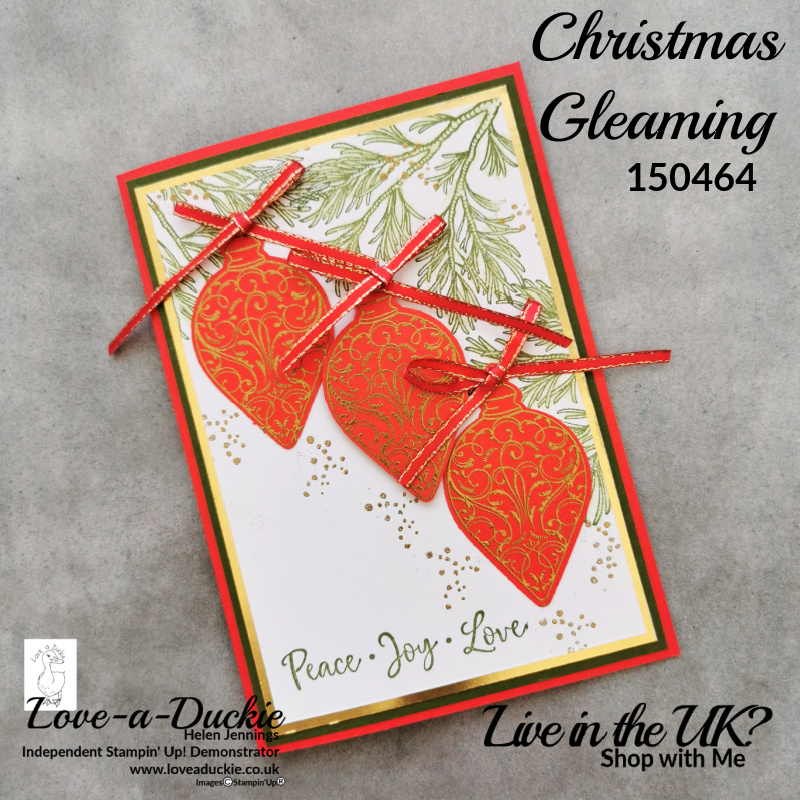 Gold Embossed Red baubles hanging from a stamped Christmas tree feature on this Christmas card. all products are Stampin' Up!