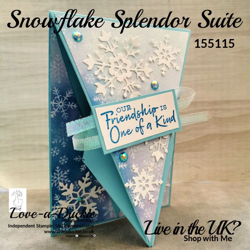 This fancy fold arrow card features stamps, dies and embellishments from the Snowflake Splendor suite from Stampin' Up!