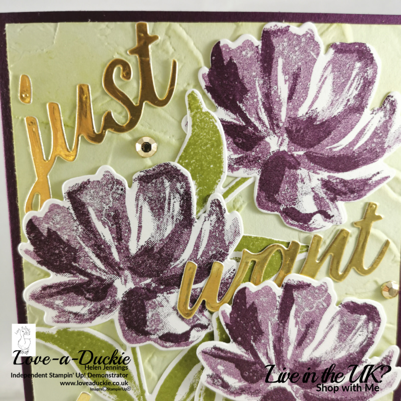 The sentiment die in the Art Gallery bundle from Stampin' Up looks great in gold foil