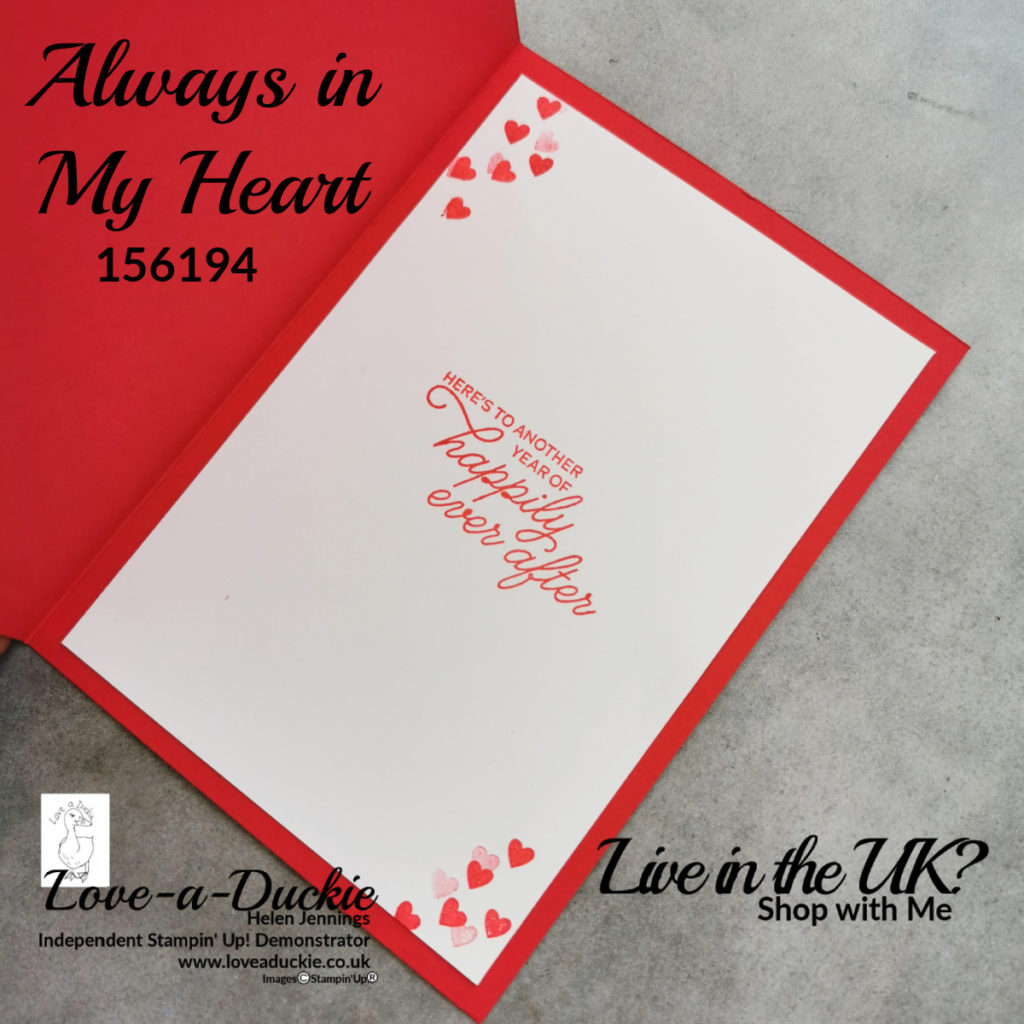 The insert of an annivesary card using the Always in my Heart stamp set