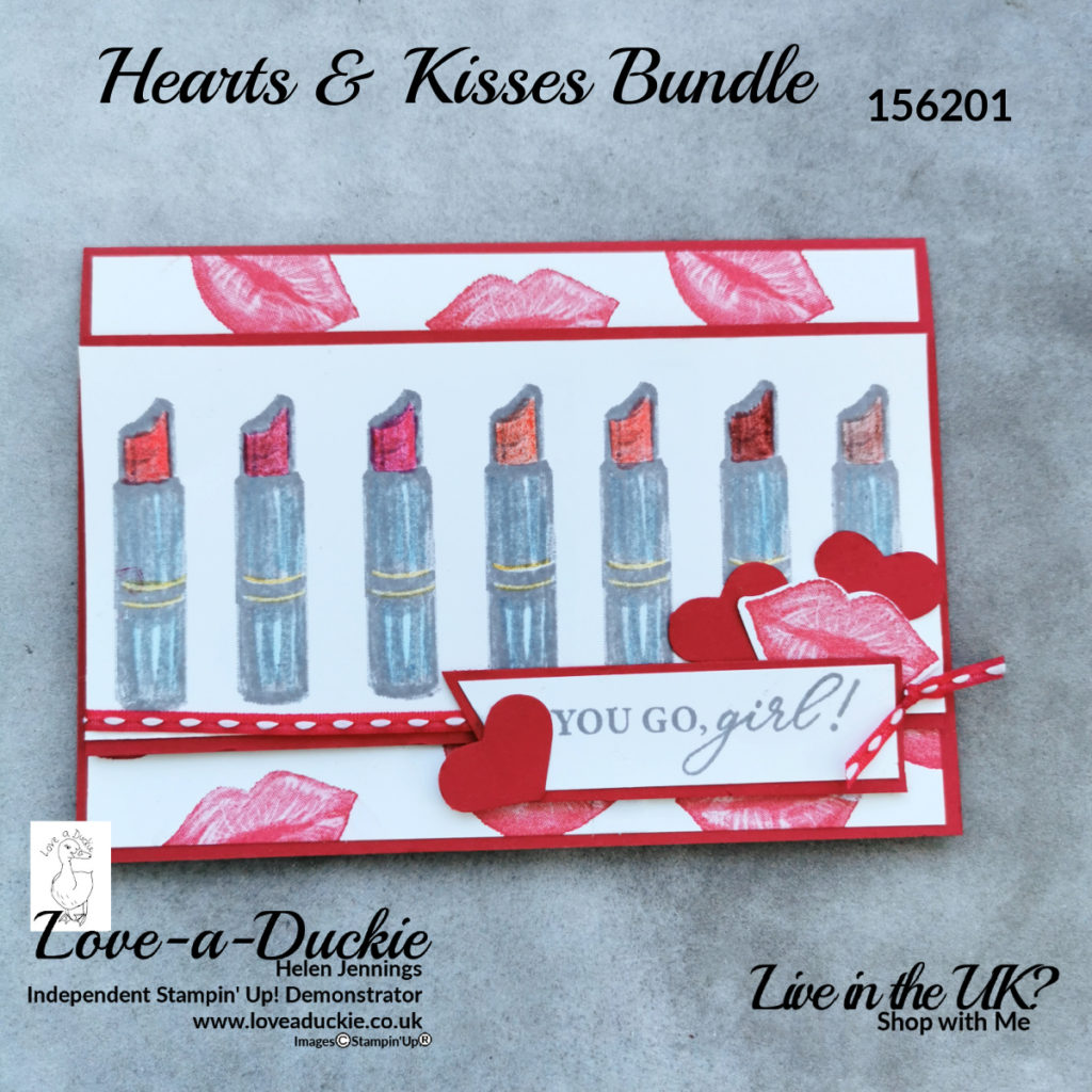 A card with lots of lipstick to encourage a friend using the Hearts & Kisses bundle