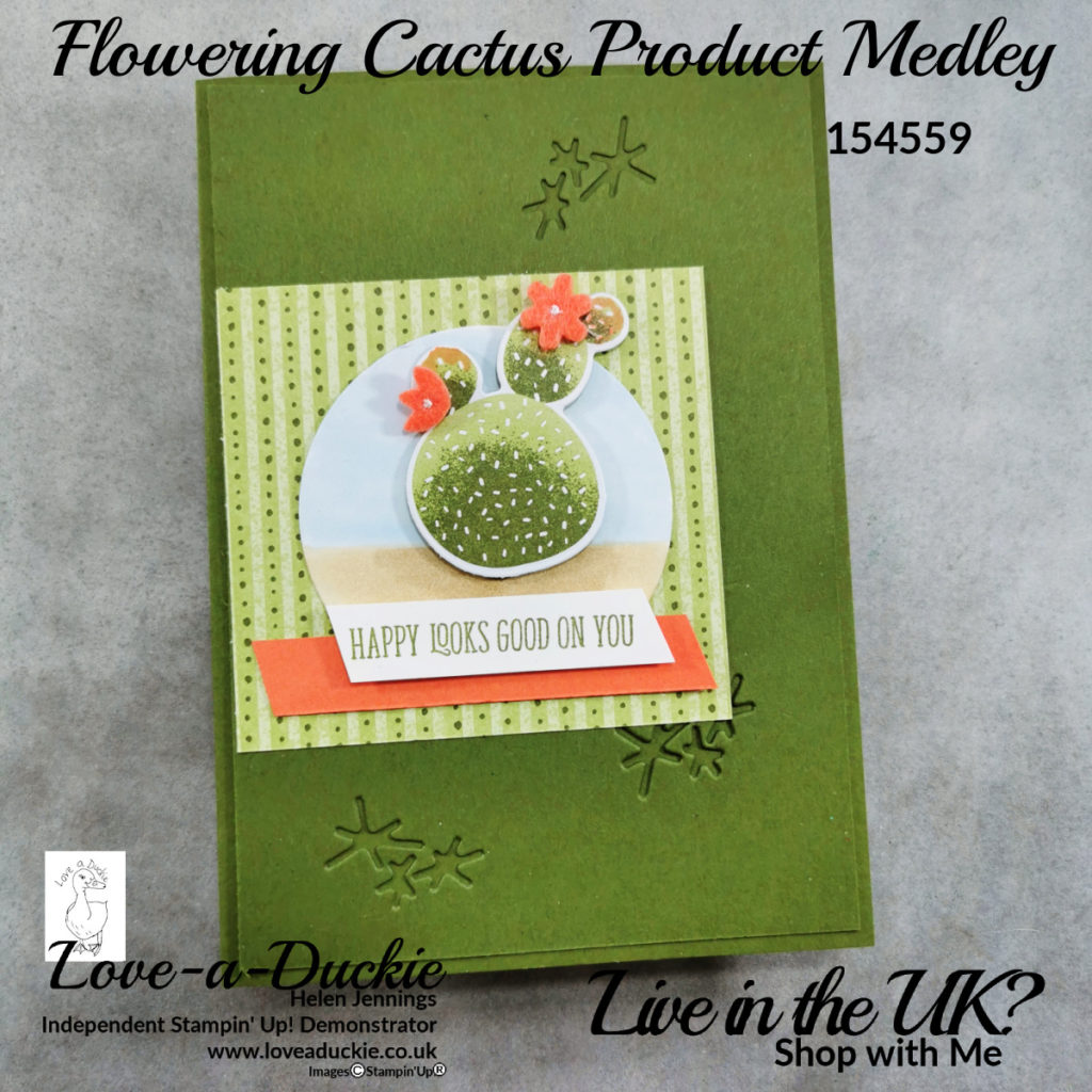A simple Mossy meadow card using Stampin Up's Flowering cactus product medley