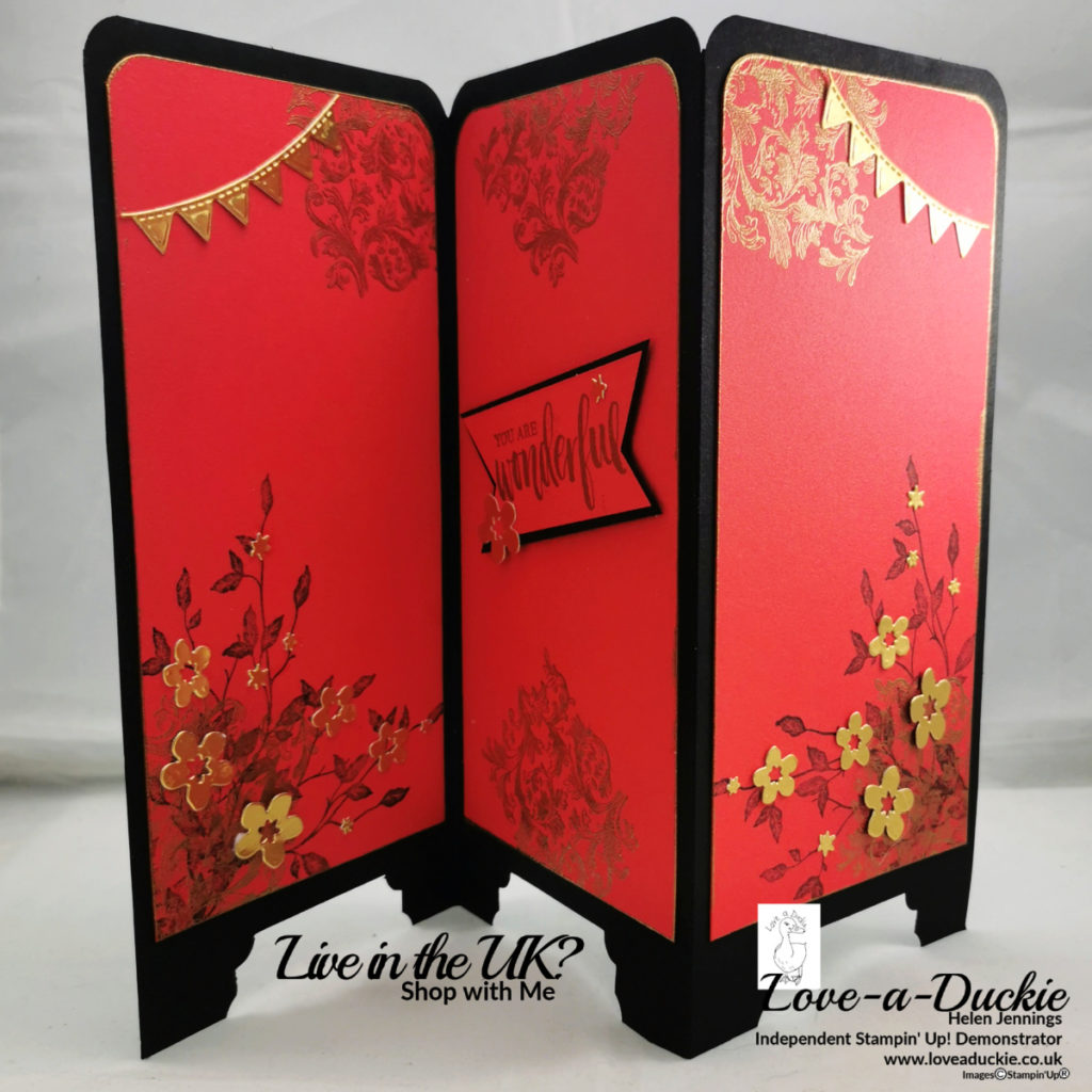 An Oriental Screen card in basic black and poppy parade using Stampin' Up supplies