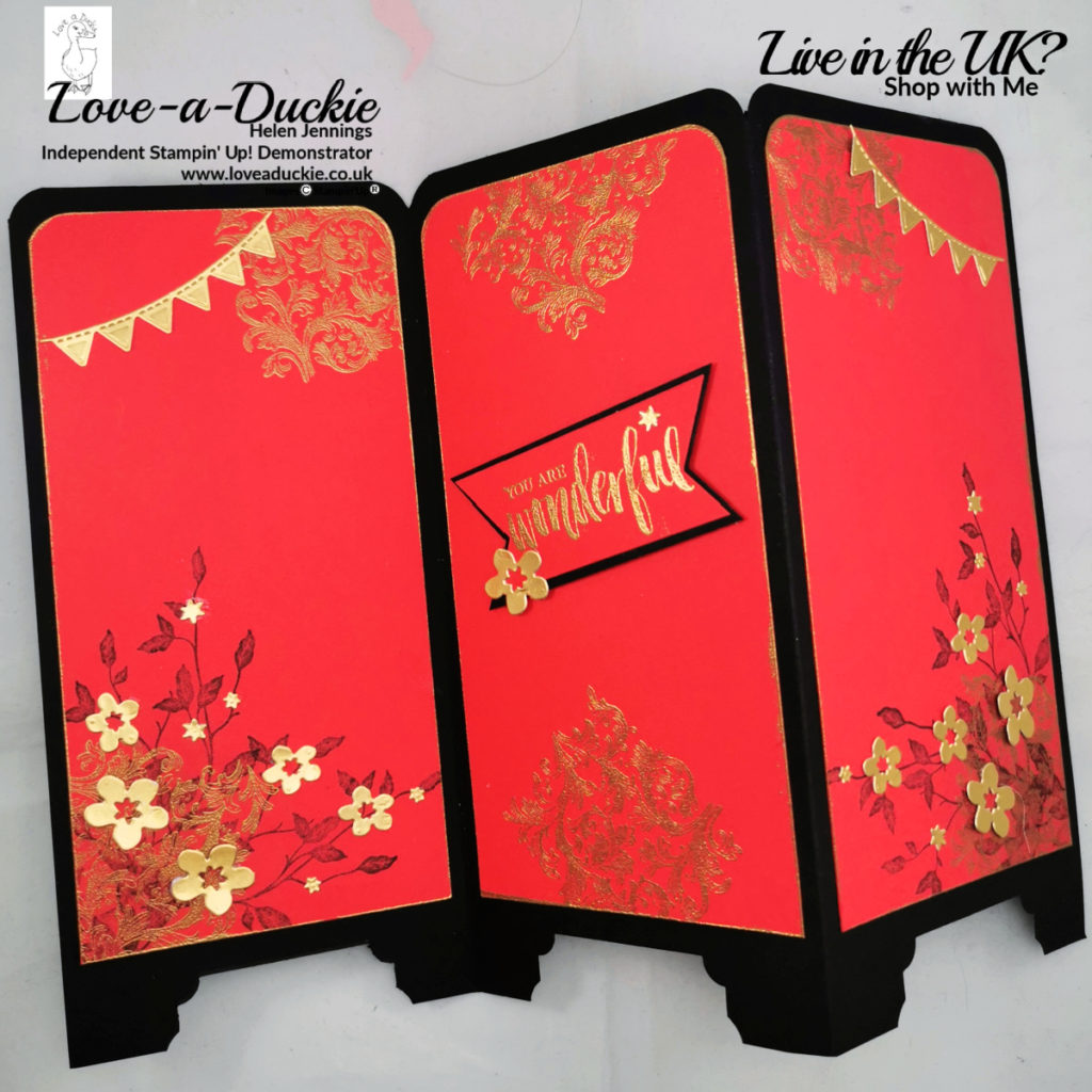 An oriental Screen tri-fold card using Stampin Up stamps, dies and punches.