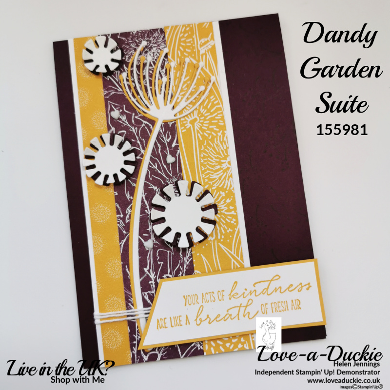 A card created with leftover strips of patterned paper and combined with stamps and dies from Stampin' up's Dandy garden Suite.