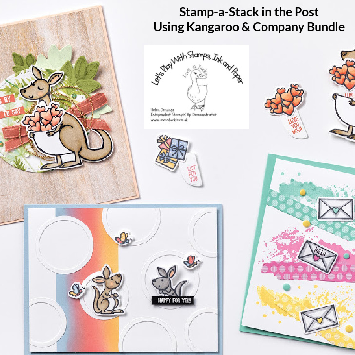 A stamp-a-stack in the post class using the Kangaroo and Company bundle from Stampin Up. 6 cards, 3 designs.