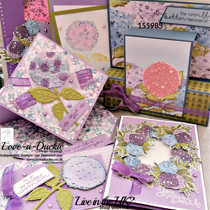 A whole variety of cards that have been created with Hydrangea Hill Suite from Stampin' Up!