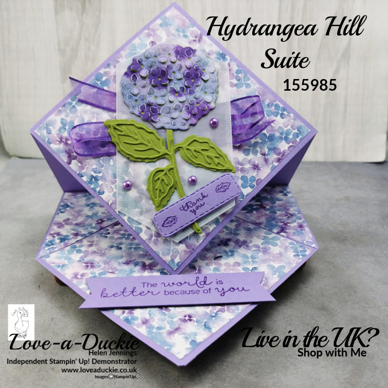 A Diamond Top Easel Card Fancy Fold featuring the Hydrangea Hill Suite from Stampin' Up