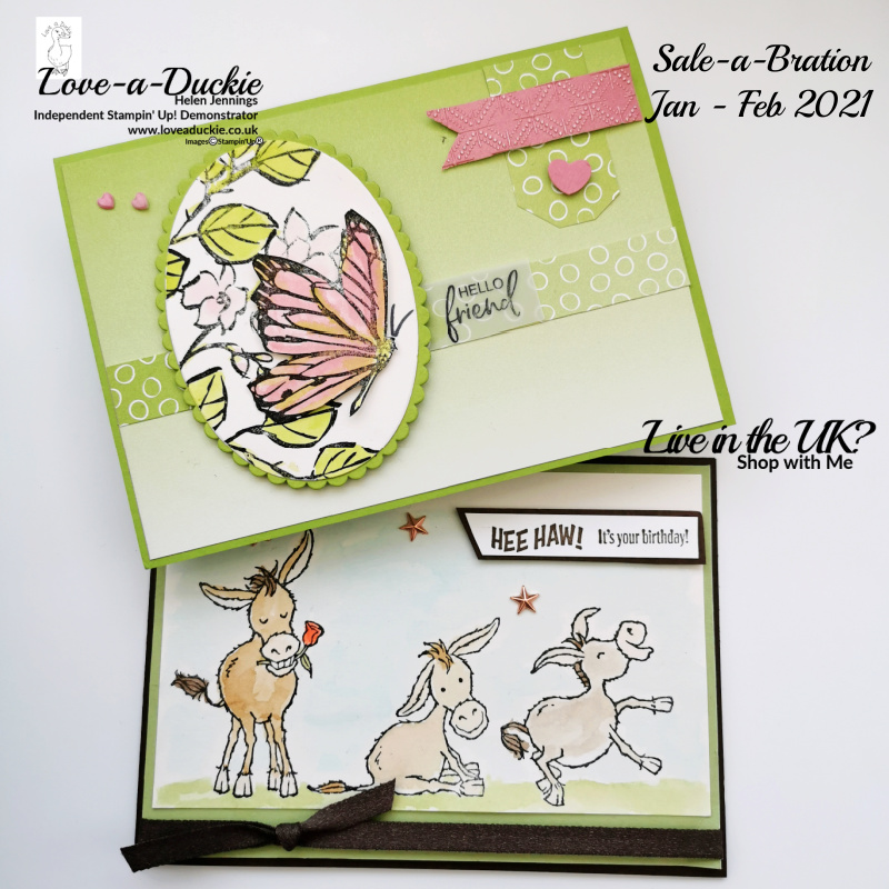 Cards created with the Sale-a-Bration sets "Touch of Ink" and "Darling Donkey"