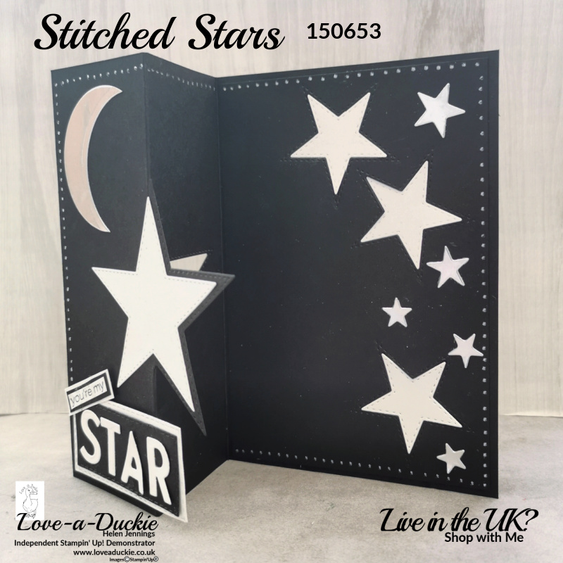 Inlaid stars and pop out stars bot feature on this fancy fold card.