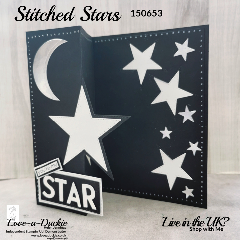 A fancy fold, pop out card with stars and moon images using Stampin' Up! dies