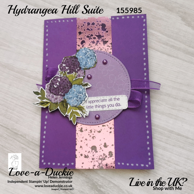 A centre panel of Hydrangea Mercury Acetate on this Gorgeous Grape coloured card.