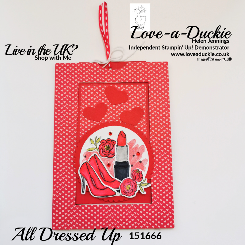 A slider easel card with lots of embellishment from the All dress up dies and dressed to impress stamp set.