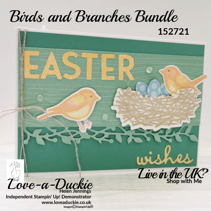 An Easter card using the Birds and Branches bundle, alongside the Playful Alphabet dies