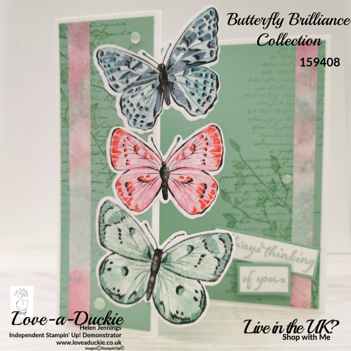 This fold back card features butterflies galore that have been die cut from Stampin' up's Butterfly Bijou designer series paper.