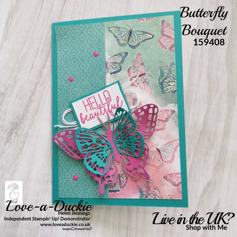 Detailed butterfly die cuts, vellum and gorgeous patterned paper feature in this card using Stampin' Up's Butterfly bouquet.