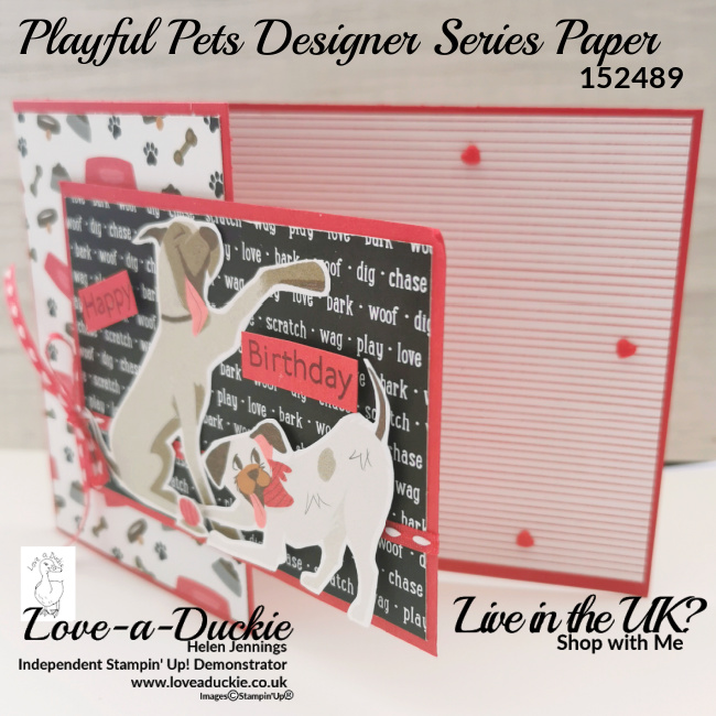 The clever panel on the front of this card showcases the Playful Pets Designer Series Paper.