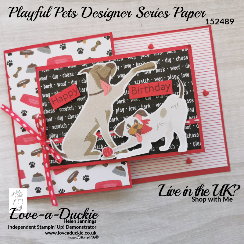 A fun simple fancy fold card with fussy cut dog images from the Playful Pets Designer Series Paper.