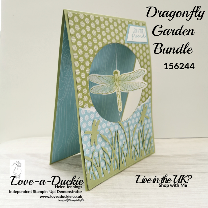 A Dragonfly spinner card using the Dragonfly garden bundle from Stampin Up