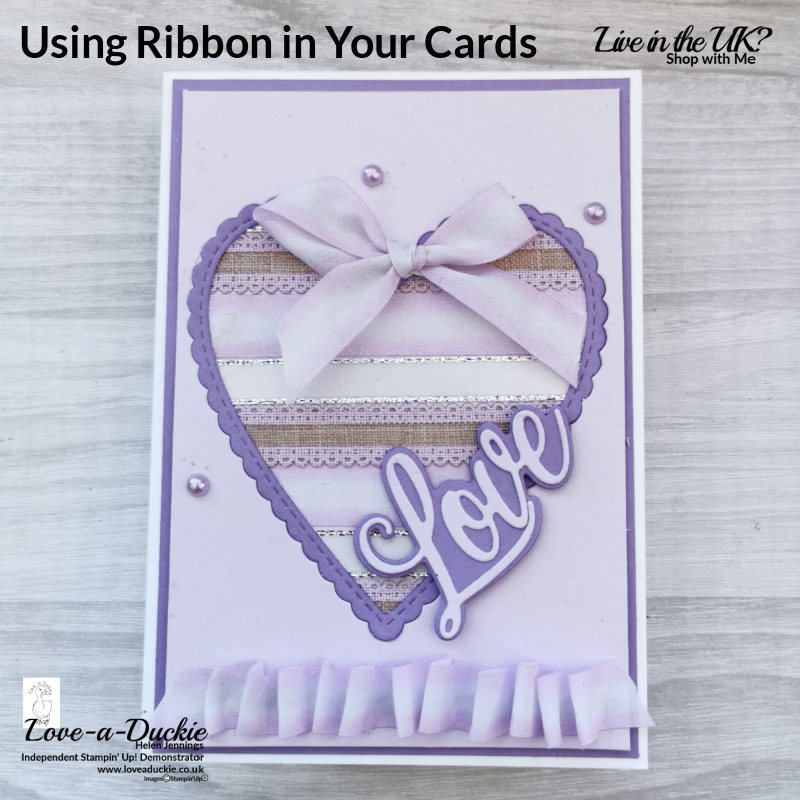 This card uses Stampin' up ribbons in a variety of techniques.