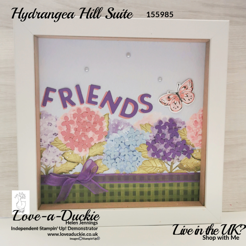 The Hydrangea Hill products are combined with the Brilliant Wings and Playful Alphabet dies to create this Box frame