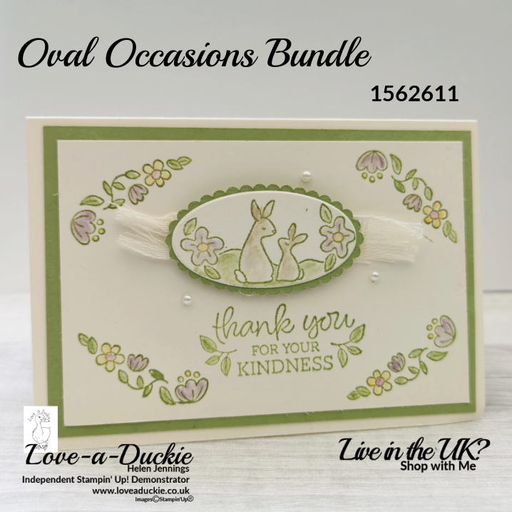 A simple thank you notecard featuring cute rabbits and soft colours using the Oval occasions bundle from Stampin' Up