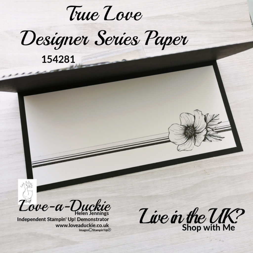 The inside of thois black and white slimline card is decorated with paper elements from Stampin' Up's True Love Designer Series paper