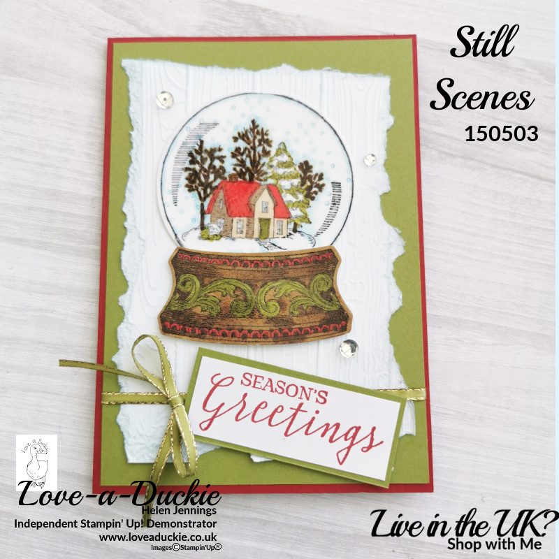 A snow globe Christmas crad using stampin' up's Still Scenes stamp set and coordinating dies.