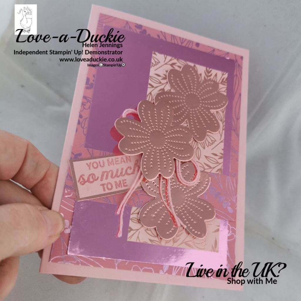 a card using foil  and Speciality patterned paper with stitched floral dies from Stampin' Up