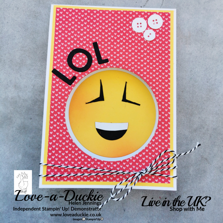 This bright red and yellow laughing emoji aperture card was created for the Festive Friday Challenge.