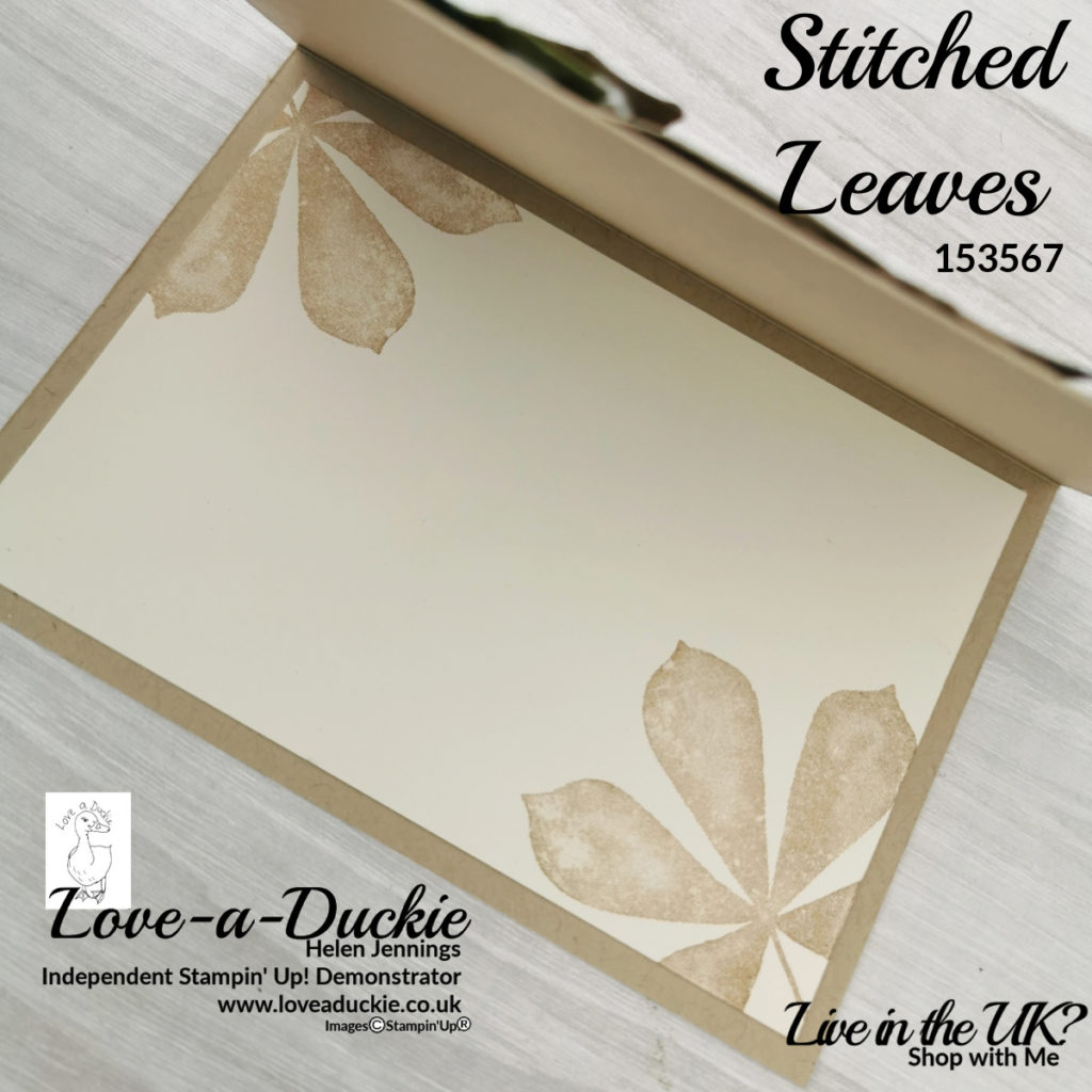 The insert of the card has been stamped with leaves from Stampin' Up's Love of Leaves.