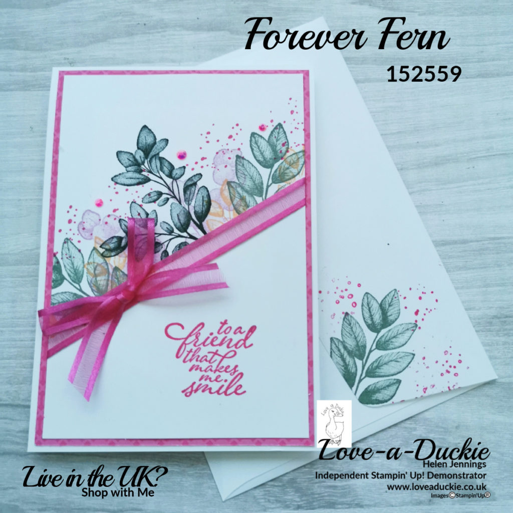 A card that has been masked to create a diagonal line of foliage, stamped in the new In colors from Stampin' Up