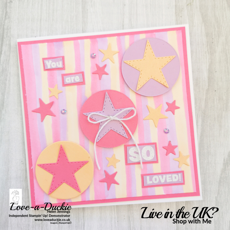 A card featuring stripes created using the Stampin Blends and die cut stars and circles