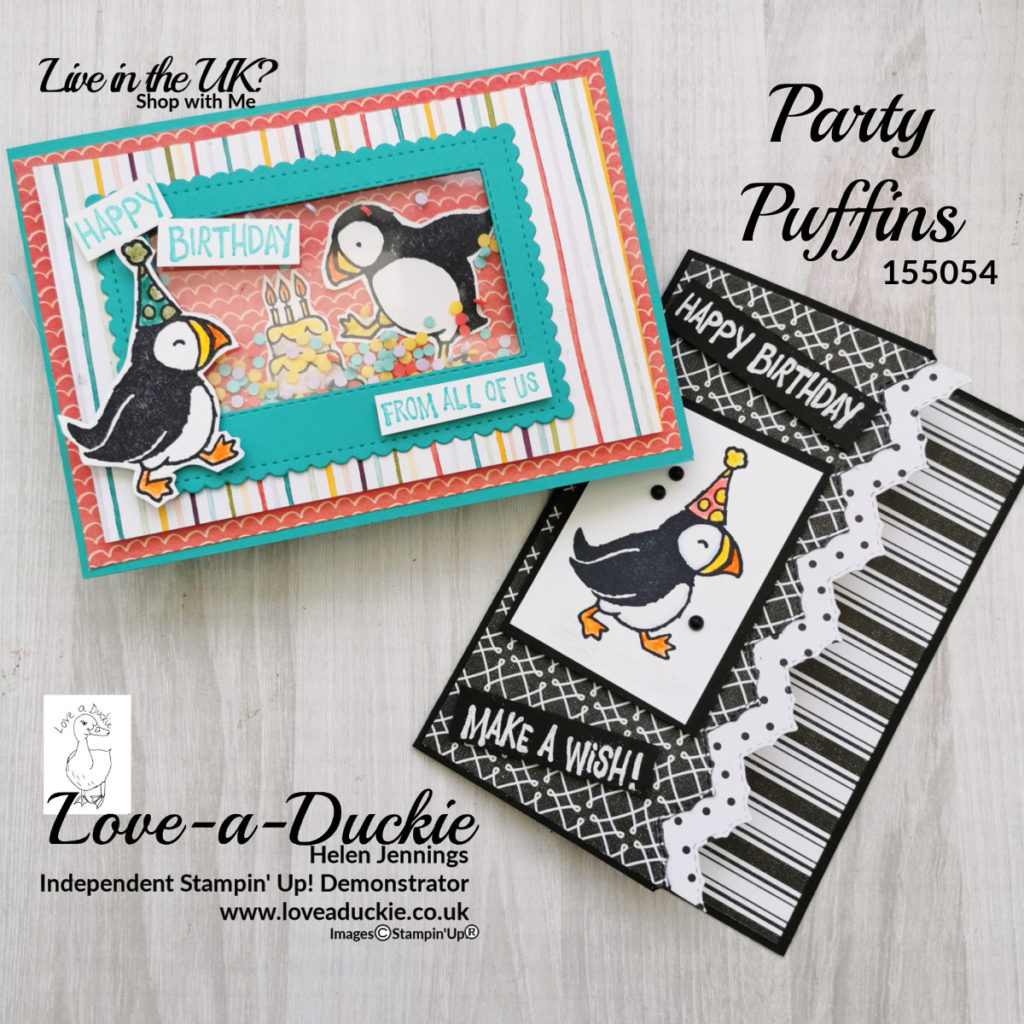 A shaker card and a monochromatic card using Stampin' Up's Party puffins