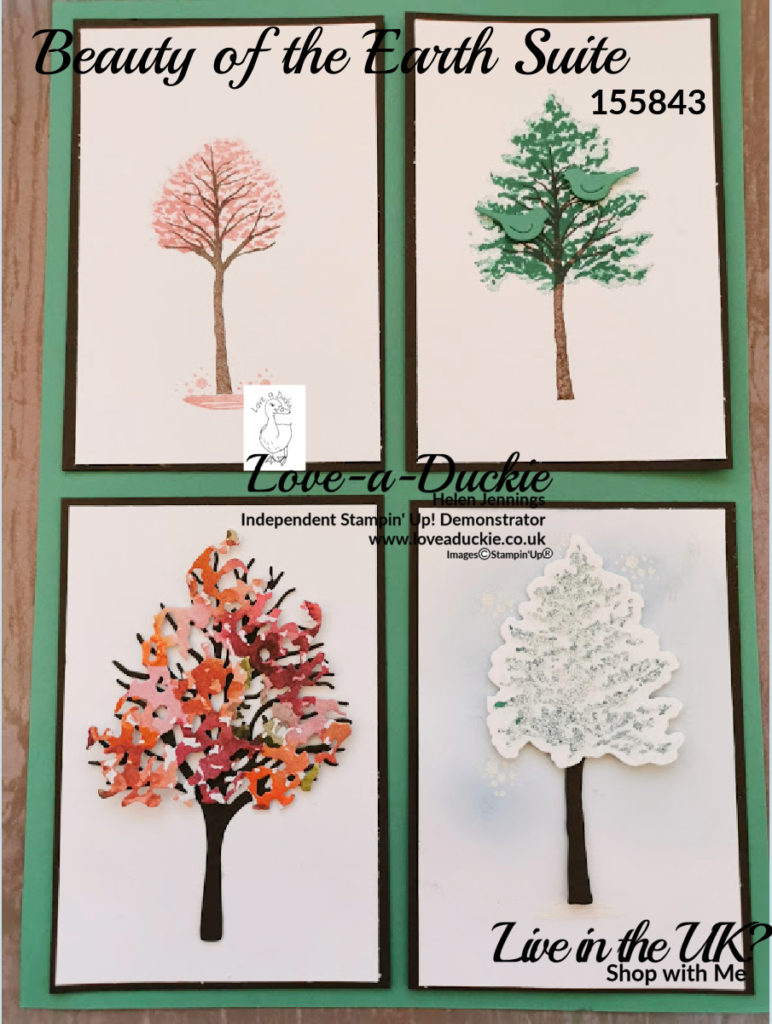 four cards showing the four seasons laid out to create a home decor piece. The Beauty of the Earth Suite from Stampin' up was used.