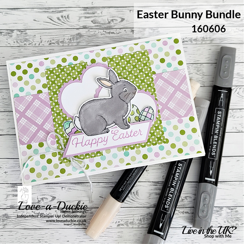 A Easter card featuring a bunny and Easter Eggs using the Easter Bunny Bundle and Dandy Design papers from Stampin' Up!