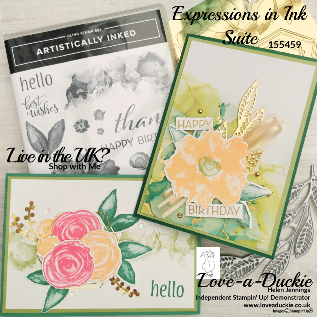 The expressions in ink suite from Stampin up features a stamp set, dies, patterned papers and ephemera that give you the effect of Alcohol ink techniques