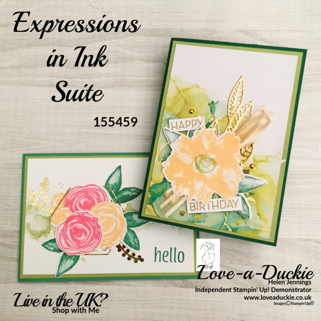 Two cards created with the expressions in ink suite from Stampin' Up that look like we have used alcohol ink techniques.