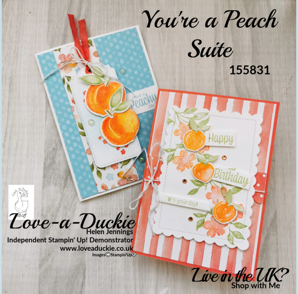 A pair of bright, fruity coloured birthday cards featuring the You're a Peach suite from stampin' up