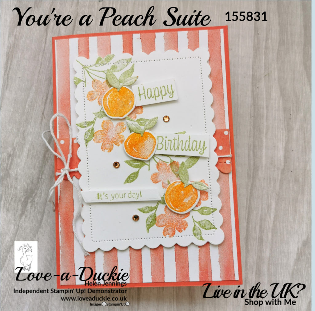 This Happy birthday card features striped and spotty patterned paper from the You're a Peach suite from Stampin Up and stamped peach blossom and small peaches.