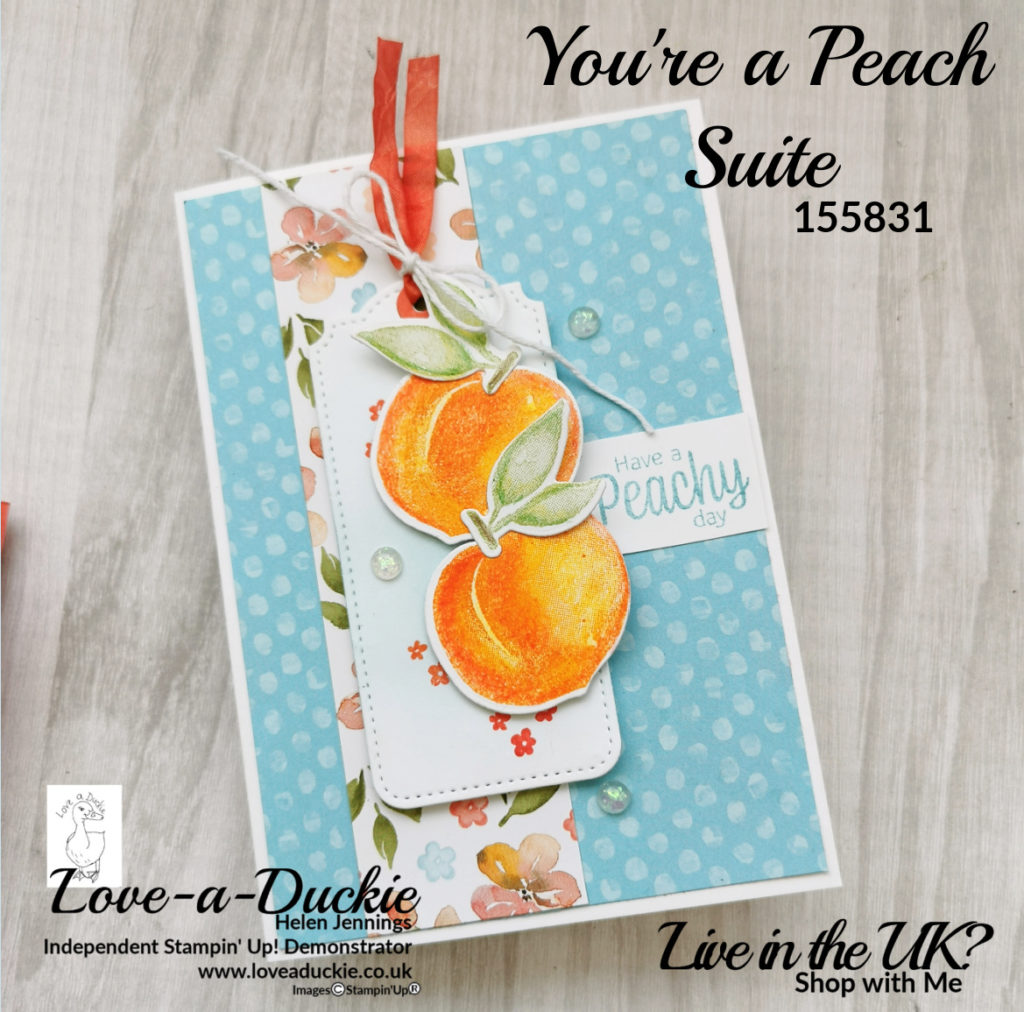 This have a peachy day card features patterned papers and stamped peaches from the You're a peach suite from Stampin' Up