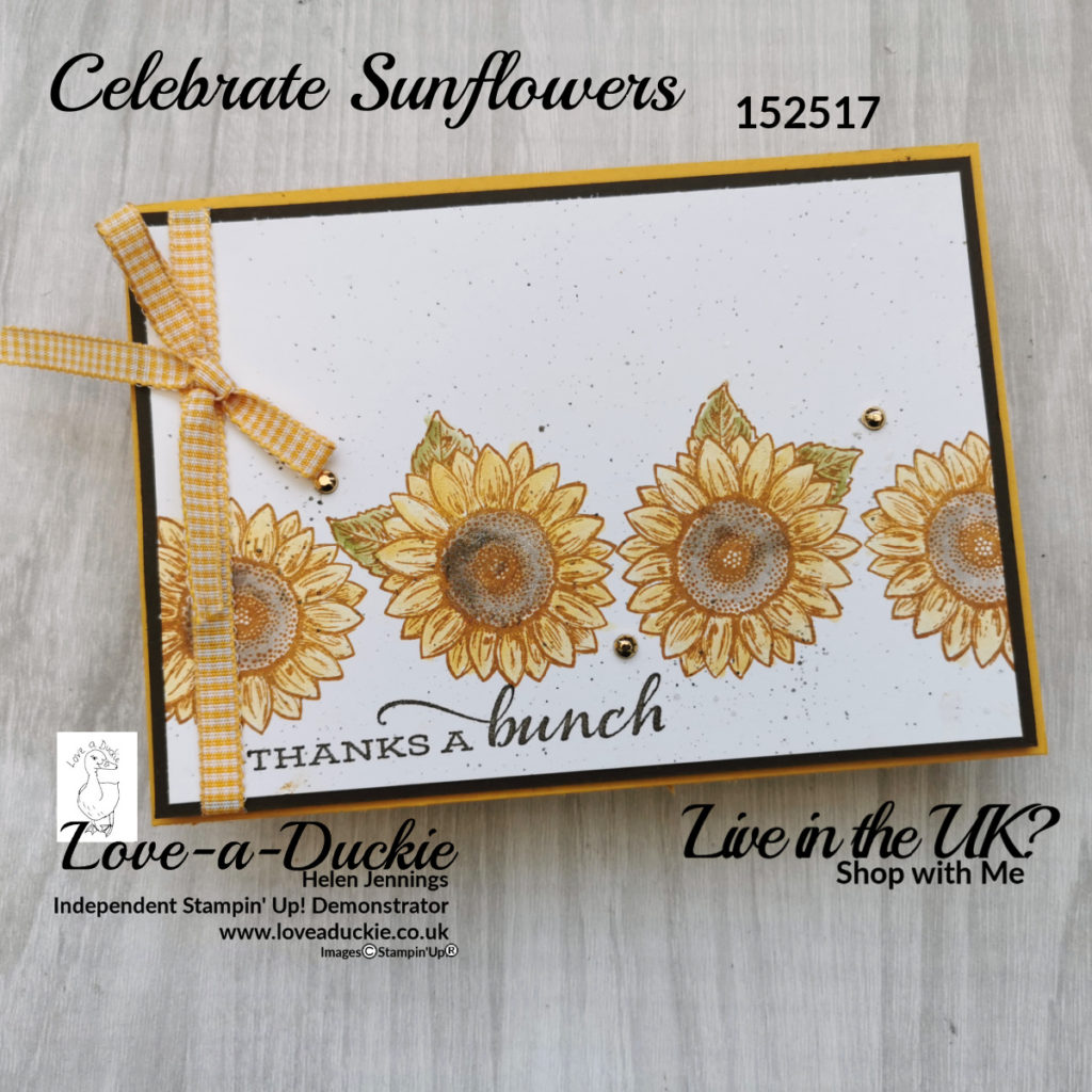 A thank you card stamped with Stampin' Up's Celebrate Sunflowers and painted with ink and a Wink of Stella brush.