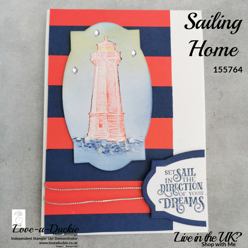 A striped lighthouse card using Stampin' Up's Sailing Home stamp set and strips of coloured card